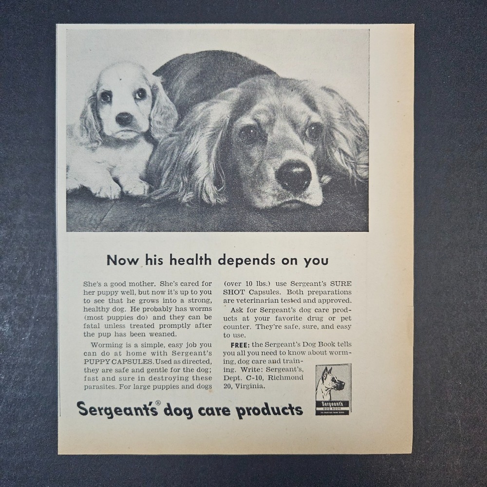 1953 Sergeant's Dog Care Products Vintage‎ Print Ad Cocker Spaniel Richmond VA